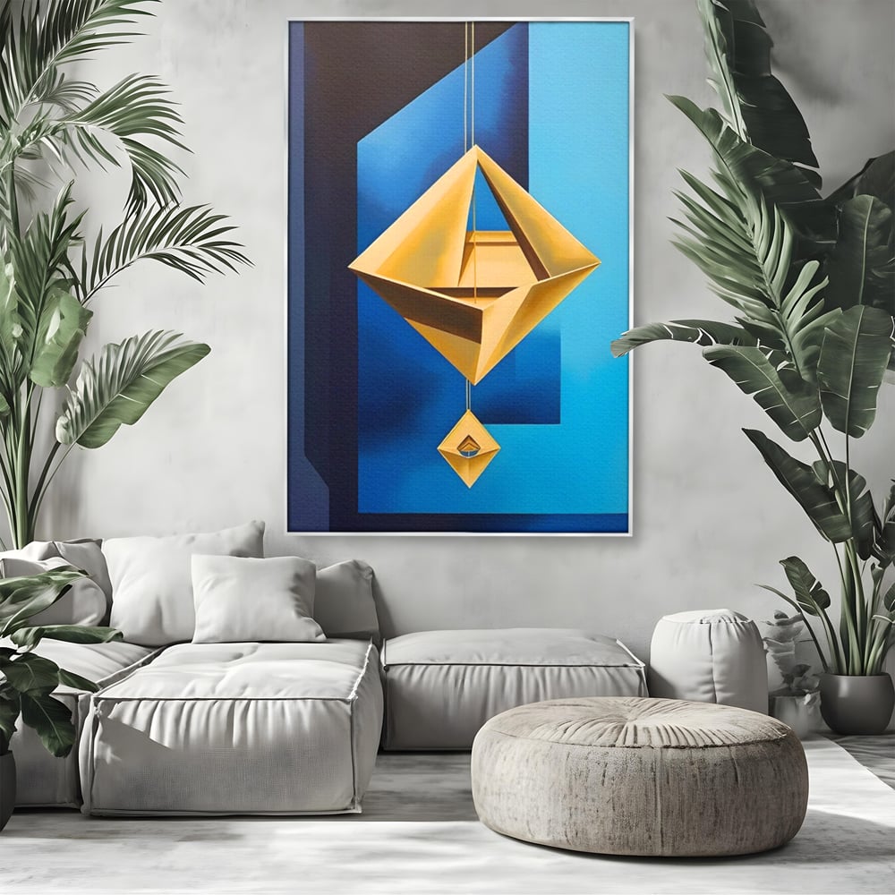 Tablou canvas cu tablou canvas cu amuleta geometrica auriu si albastru, in rama de aluminiu argintiu, pe perete intr-un living